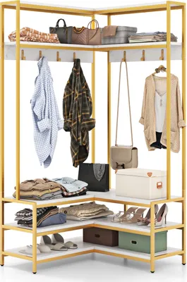 Produktbild von GOPLUS L-förmiger Garderobenständer mit Sitzbank, Eck-Kleiderständer mit 7 Haken und Ablageflächen, Garderobe Schuhregal Garderobenregal (Weiß, Gold)