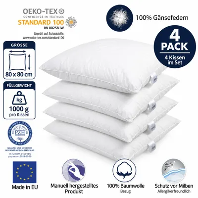 Produktbild von 4er Set Federkissen 80x80 cm 1000 Gramm – Kopfkissen mit 100% Gänsefedern – Baumwollbezug 185 g/m² – Ganzjahreskissen