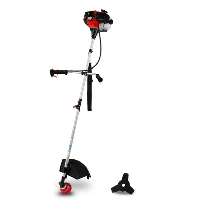 A gasoline-powered string trimmer with a cutting blade and a spare blade shown separately, all on a white background.