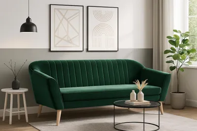 Produktbild von Sofello ? Skandinavisches 3-Sitzer Sofa KAYA – Grüner Samt RIVIERA | Buchenholzfüße | Vertikale Steppung