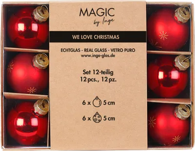 Weihnachtskugeln Glas 5cm Schneeflocken Motiv 12er Set Merry Red