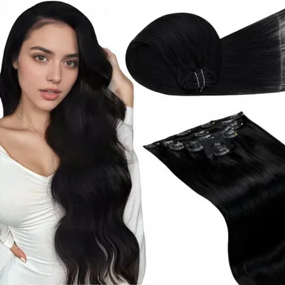 Immagine prodotto di Estensioni per capelli a clip, capelli veri, 55 cm, neri, lisci, Remy, 7 pezzi, 105g