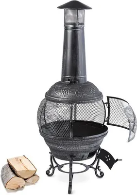 Produktbild von Blumfeldt Flavius , Feuerstelle , Gartenofen , Gartenkamin , Terrassenofen , Gusseisen , 360° Rundum-Gitter , Funkenschutz , antikes Design , Zugluftklappe , Eisenverzierungen , altsilber