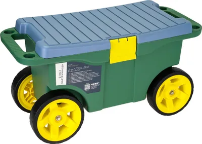 Produktbild von HMF 2-in-1 Gartenwagen mit Sitz und Stauraum, Gartenhocker mit großen Rollen, Rollsitz für Gartenarbeit bis 100 kg, 55 x 26,5 x 29,5 cm, Grün