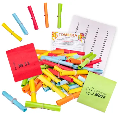 Tombola-Lose 1-50 + 100 Klammern, bunt gemischt