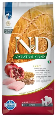 Zdjęcie produktu dla Farmina N&D Ancestral Grain Adult Light Medium Maxi 12kg Dietetyczna Sucha Karma Dla Psów Średnich I Dużych Ras Z Kurczakiem
