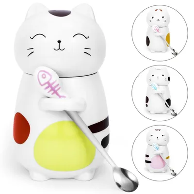 Immagine prodotto di Tazza a forma di gatto con coperchio e cucchiaino, capacità 400 ml, in Vetroceramica. Ideale come regalo. Tazza da tè