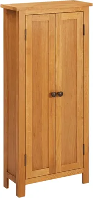 A close-up, front-facing shot of a wooden cabinet with two doors and two dark knobs.