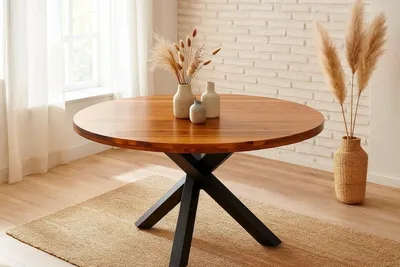 Produktbild von Esstisch rund Ø 120 cm Akazie cognac massiv Sternfuß-Gestell schwarz ISABELLA