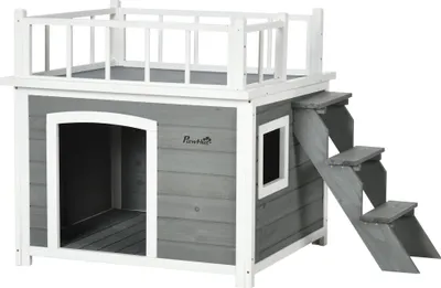 Produktbild von Fortuna Lai Hundehütte Hundehaus mit Balkon und Treppe, erhöhtes Kleintierhaus mit Fenster für mittelgroße & große Hunde aus Tannenholz