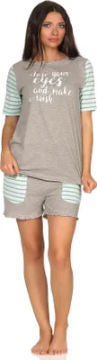Produktbild von Lässiger Damen Shorty Pyjama kurzarm im College-Look mit Print und abgesetzten Ärmeln ; grau , 36