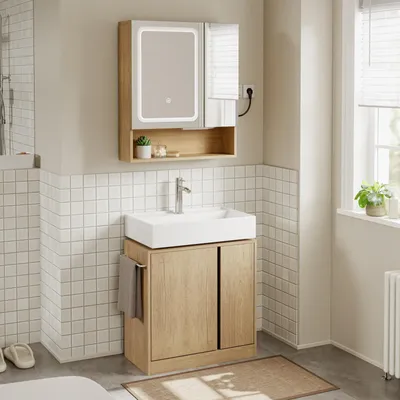 SoBuy BZR238-E-N Spiegelschrank Light Oak wandhängend im Badezimmer mit LED-Beleuchtung und offenem Fach