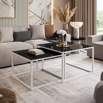 Produktbild von Couchtisch 2in1 YOSHI GLASS mit schwarzem und weißem Gestell