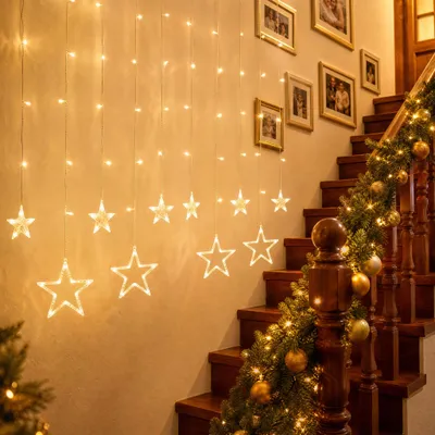 Produktbild von YARDIN Weihnachtsdeko 12 Sterne LED-Vorhang 138 LEDs, 3 m, Fernbedienung, 8 Modi, Timer, warmweiß, Sternenlichter