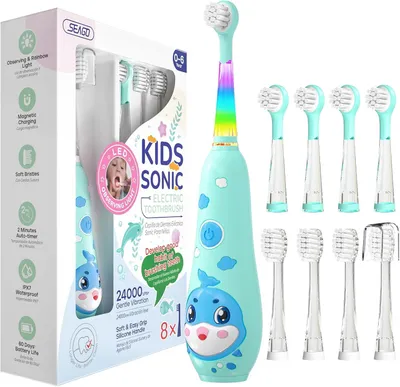 Produktbild von Elektrische Kinderzahnbürste 0–6 Jahre mit LED Licht, Smart Timer, USB aufladbar, 8 weiche Bürstenköpfe & IPX7 wasserdicht