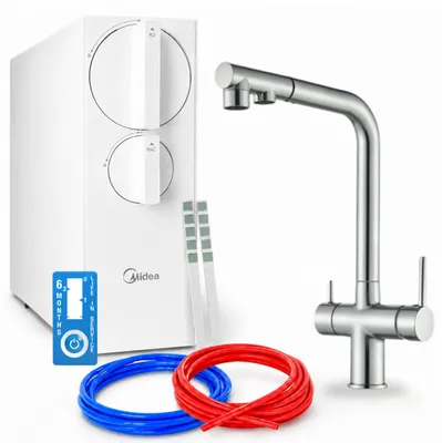 Zdjęcie produktu dla Bateria kuchenna Ari z systemem filtracji wody osmotycznej, wydajność 800 GPD, bateria dwuuchwytowa, wylewka wysuwana, perlator, filtr węglowy, oszczędność wody, stal nierdzewna, Obraz wygenerowany przez AI