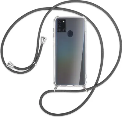 Produktbild von Handykette Backcover-Schutzhülle mit Band (Metall silberfarben) für Samsung Galaxy A21s - dunkelgrau
