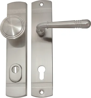 A pair of door handles and a door knob with escutcheons, displayed against a white background.