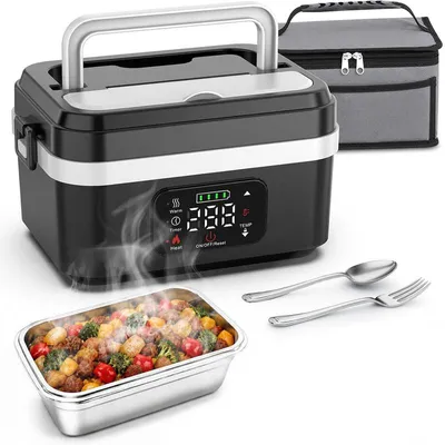 Produktbild von Beheizbare Lunchbox 1 L mit 8000mAh Akku, elektrische Lunchbox, kabellos, auslaufsicher, spülmaschinengeeignet, mit Besteck und Tragetasche für unterwegs