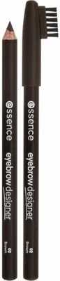 Two eyebrow pencils are shown side-by-side against a white background. One pencil is sharpened, and the other has a brush on its end.