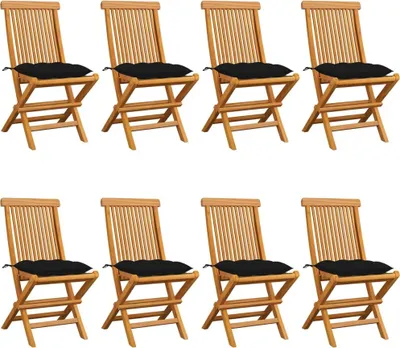 Produktbild von Gartenstühle mit Schwarzen Kissen 8 Stk. Massivholz Teak