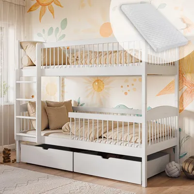 Produktbild von Hochbett Kinder, Etagenbett, Kinderbett | Inkl. 2 Matratzen, 2 Schubladen, sicher & funktional | Größen: 80x180, 90x190, 90x200 cm | 80x180 cm von 3. bis 12. Lebensjahr | Weiß