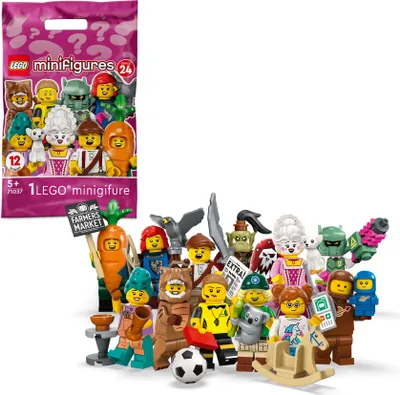 A collection of LEGO minifigures from Series 24, displayed in front of their packaging.