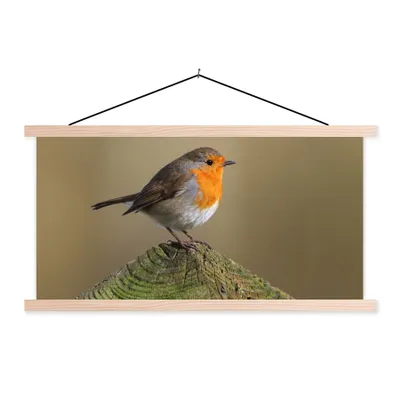 Produktbild von MuchoWow® Textilposter Vogel - Rotkehlchen - Holz 60x30 cm mit holzfarbenen Rahmen - Dekoration