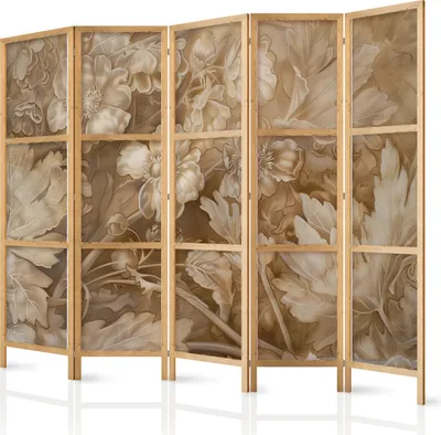 Produktbild von 5-teiliger Einseitiger Vlies Japanischer Paravent - Carved Baroque Ornaments - Rich Composition in Sepia Colors 225x172 cm Blumen b-H-10015-bh-b