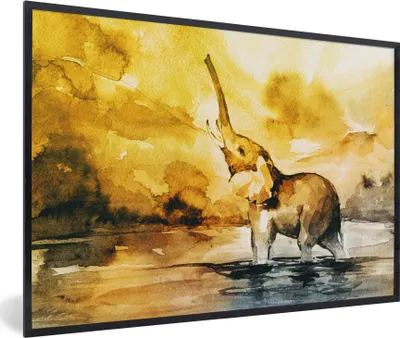 Produktbild von MuchoWow® MuchoWow® Gerahmtes Poster Elefant - Aquarellfarbe - Wasser 30x20 cm - Poster mit zchwarzem Bilderrahmen - Kunstdruck - Bild-Poster
