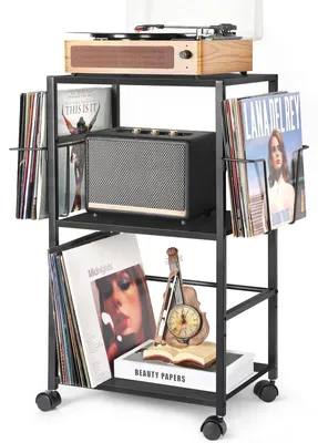 Plattenspielerschrank mit 2 Vinylständern, bis 150 Platten, 74 cm hoch