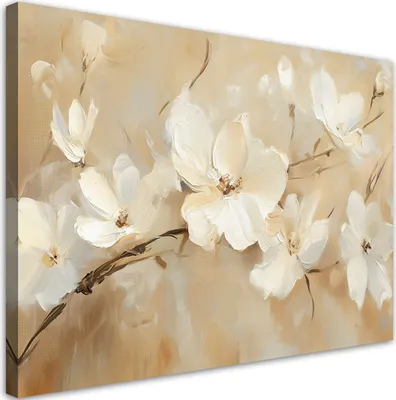 Image de Toile « Fleurs blanches sur fond beige » 60 x 40 Feeby Beige, prête à accrocher au mur