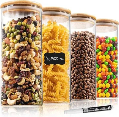 Produktbild von Luftdichte Vorratsbehälter-Set aus 4 - 1400ml für Kekse, Pasta, Trockenlebensmittel und Haferflocken - Geschirrspüler- und Mikrowellengeeignet