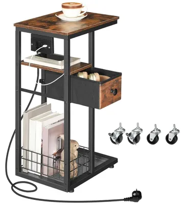 Immagine prodotto di TRANKIELO® - Tavolino a forma di C con stazione di ricarica – Colore marrone vintage e nero – 4 ruote – 1 presa AC, 1 USB-A, 1 Type-C