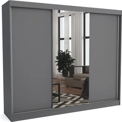 Produktbild von Kleiderschrank JOHN ANTHRACITE, 250x60x215 cm –mit Schiebetüren & Spiegel, Kleiderstange & Regalfächer, Schlafzimmerschrank, Garderobenschrank, Modern