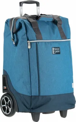 A blue rolling shopping trolley with a retractable handle and large wheels.