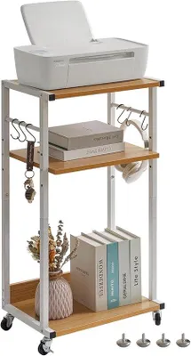 Productafbeelding van Mobiele printertafel, printerstandaard met 3 planken, hoogteverstelbare wielen, 6 haken, geschikt voor kantoor, afmetingen 44 x 30 x 82 cm, naturel hout.