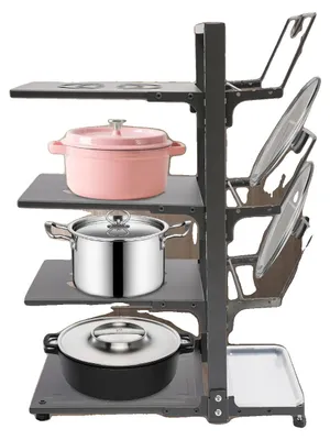 Image de Étagère à casseroles, acier au carbone, conception à quatre niveaux, hauteur réglable, adaptée aux ustensiles de cuisine lourds, construction robuste