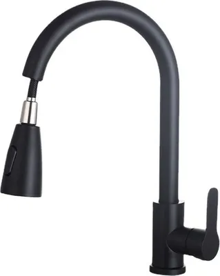 A black kitchen faucet with a pull-down sprayer is shown against a white background.