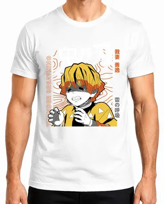 Imagen del producto de Camiseta para hombre, estilo anime/manga "Demon Slayer", con el personaje Zenitsu, diseño de "relámpago", ideal como regalo, de estilo japonés y con estética Y2K. Color: blanco. Talla: L