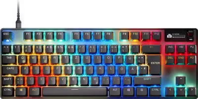 A top-down view of a gaming keyboard with RGB lighting.