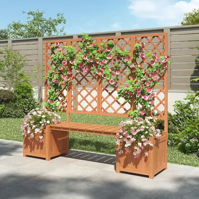 Produktbild von Sweiko Pflanzkübel,Pflanzgefäß mit Spalier als Rankhilfe,Blumenkübel mit Spalier und Sitz,Braun
