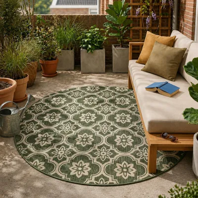 Produktbild von Volero - Outdoor Teppich Rund - Rio Flower Grün - Ø 200 cm - Balkon, Garten, Terrasse, Wintergarten - Boho