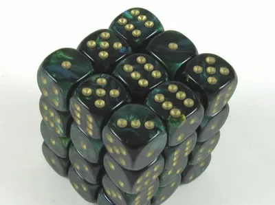 Imagen del producto de Chessex Scarab, dados W6x36, color jade/dorado