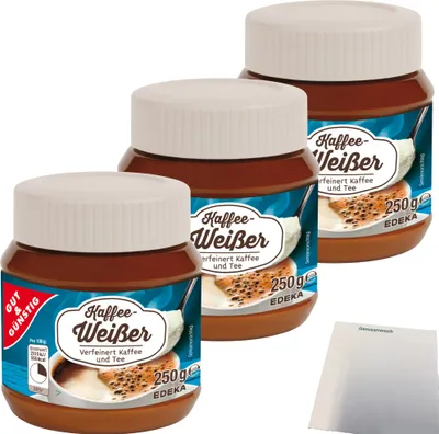 Produktbild von Gut & Günstig Kaffeeweißer verfeinert Kaffee und Tee 3er Pack (3x250g Dose) + usy Block