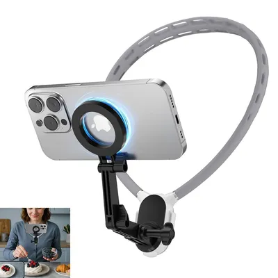 Produktbild von 2 in 1 Magnetische Nackenhalterung für Telefone Kamera,POV/Vlog Selfie-Handyhalterung,360° Einstellung,für iPhone Serie Android und Sportkameras, Grau