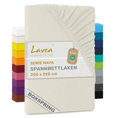 Produktbild von Lavea® Spannbettlaken 200x220 cm - Boxspringbett, Jersey, 40 cm Steghöhe, 100% Baumwolle, weich, atmungsaktiv, pflegeleicht, formstabil - Creme