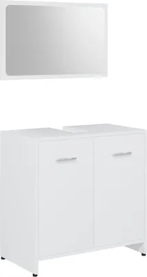 A white bathroom vanity cabinet with two doors and a mirror above it, set against a white background.