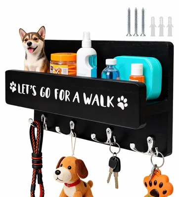 Produktbild von Omgoods – Halterung für Hundeleinen mit Stauraum – Schlüsselbrett – Wandhaken – Holz – Schwarz – 30 x 17 cm – Schlüsselhalter