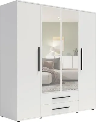 Produktbild von Schlafzimmer Kleiderschrank mit 198 cm Breite, weiß matt mit schwarzen Griffen, mit 4 Türen & 2 Schubladen - MOLLERUSA-132